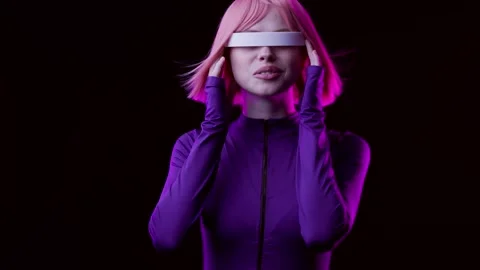 Female in VR glasses interacting with network while having virtual reality. Stock Footage 261286870