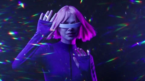 Female in VR glasses interacting with network while having virtual reality. Stock Footage 261290561