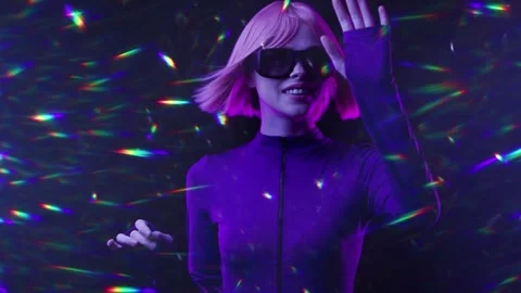 Female in VR glasses interacting with network while having virtual reality. Stock Footage 261290742