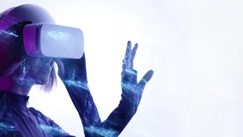 Female in VR glasses interacting with network while having virtual reality. Видео 261291304