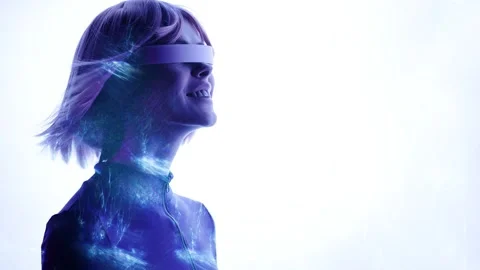 Female in VR glasses interacting with network while having virtual reality. Stock Footage 261291313