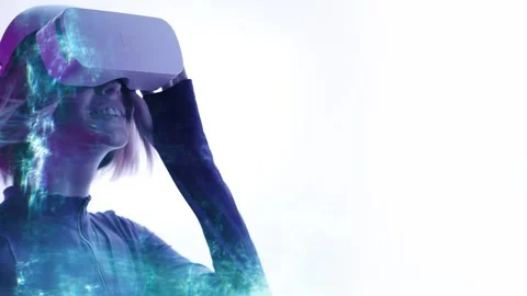 Female in VR glasses interacting with network while having virtual reality. Stock Footage 261291398