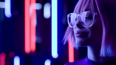 Female in VR glasses interacting with network while having virtual reality. Stock Footage 261944523