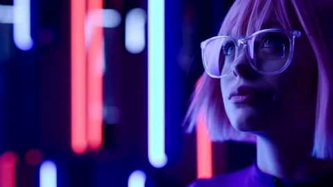 Female in VR glasses interacting with network while having virtual reality. Stock Footage 261944530