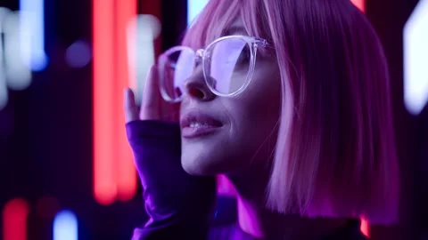 Female in VR glasses interacting with network while having virtual reality. Stock Footage 261944584