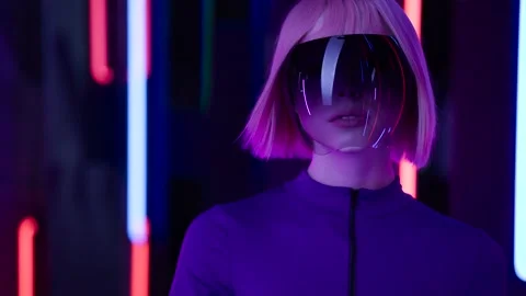 Female in VR glasses interacting with network while having virtual reality. Stock Footage 261944695
