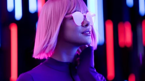 Female in VR glasses interacting with network while having virtual reality. Stock Footage 261946660