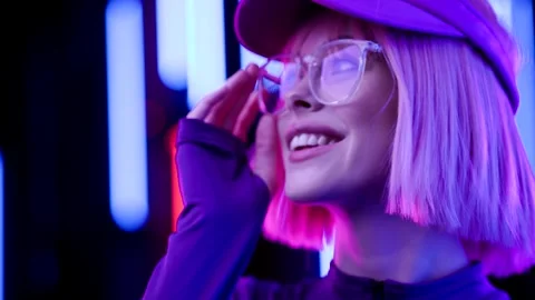 Female in VR glasses interacting with network while having virtual reality. Stock Footage 261979699