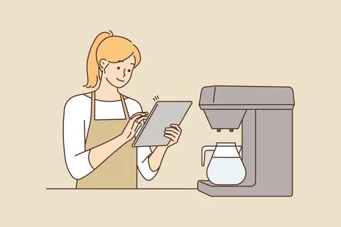 Female waitress work on table in cafe Stock Illustration