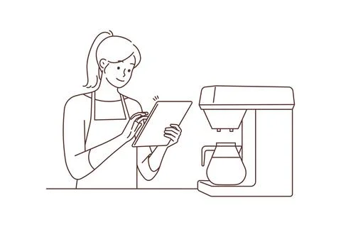 Female waitress work on table in cafe Stock Illustration