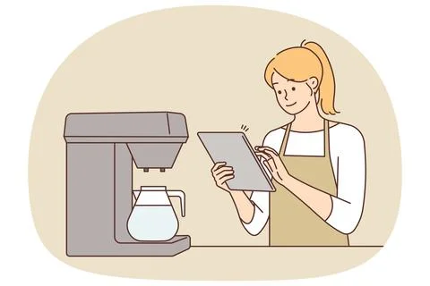 Female waitress work on table in cafe Stock Illustration
