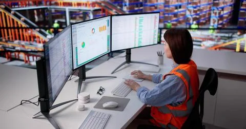 Female Warehouse Operator Using Computer Software To Manage Inventory Efficie Stock Photos
