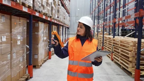 Female warehouse worker scanning and checking inventory Stock Footage 312856419
