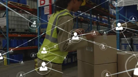Female warehouse worker scanning label starting overlays lifting boxes for Stock Footage 332296497