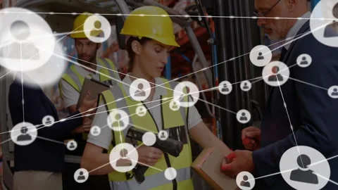 Female warehouse worker scanning package at logistics hub, with network icons 動画素材 309103295