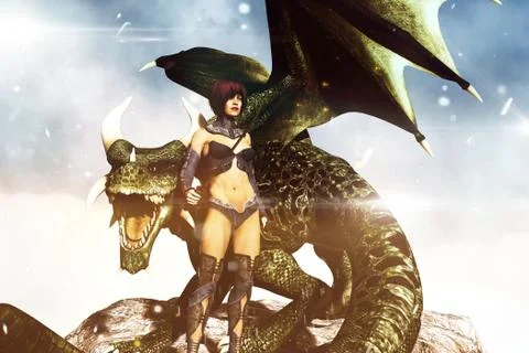 A female warrior with a dragon,fantasy 3d rendering for book cover or book il Stock Illustration