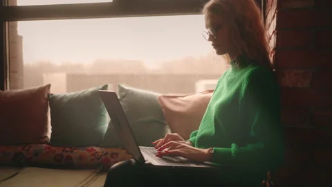 Female Web Designer Or Software Developer Working Remotely From City Cafe Stock Footage 233097388