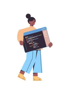 Female web developer creating program code development of software and Illustrazione stock