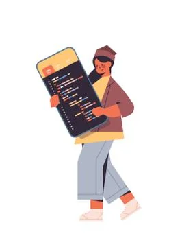 Female web developer using smartphone creating program code development of Stock Illustration