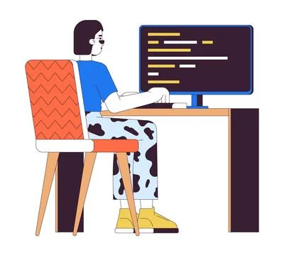 Female web developer at work 2D linear cartoon character Stock Illustration