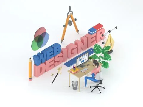 Female web interface developer sitting at a table on white background surrounded 스톡 일러스트