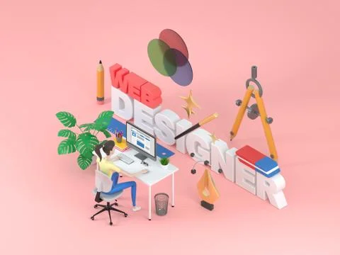 Female web interface developer sitting at a table on white background surrounded Stock Illustration