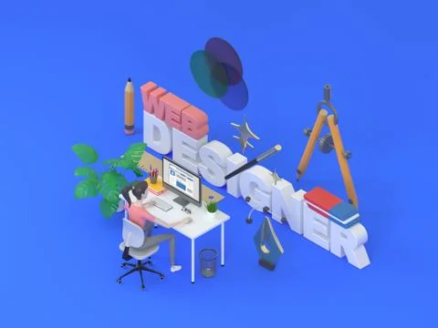 Female web interface developer sitting at a table on blue background surrounded Ilustración de archivo