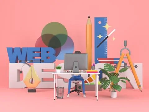 Female web interface developer sitting at a table on pink background surrounded 스톡 일러스트