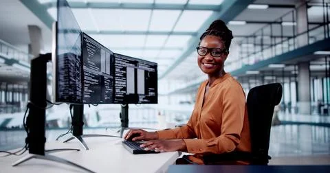 Female Web Programmer Coding On Computer. Software Development 스톡 사진