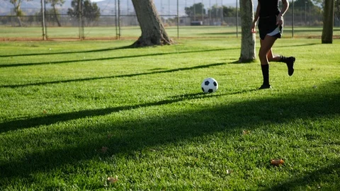 Women Soccer Player Running with Ball. Vector Football Sport Green