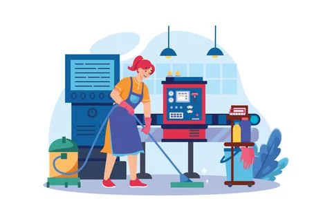 Female worker cleaning floor using a vacuum cleaner Stockillustratie