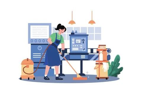 Female Worker Cleaning Floor Using A Vacuum Cleaner Stock Illustration