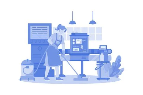 Female Worker Cleaning Floor Using A Vacuum Cleaner Stockillustratie