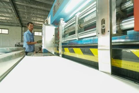 Female Worker Debugging Carton Printing Machinery Stock Photos