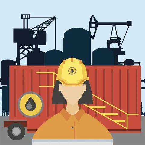 Female worker fracking refinery tower, oil rig production Stock Illustration