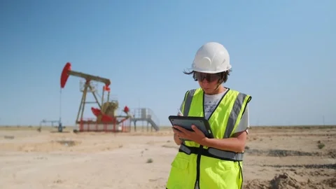 Female worker inspecting oil pump with digital tablet Stock Footage 317265366