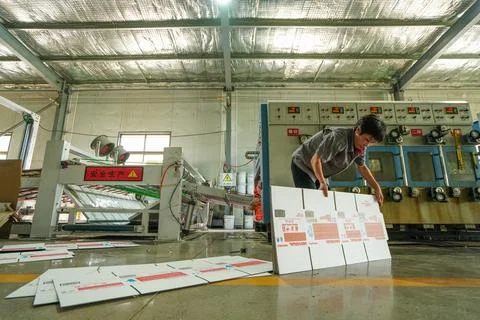 Female Worker Installing Red Printing Plate Roller of Carton Printing Machine Stock Photos