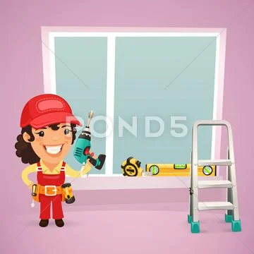Female worker is installing the window Stock Illustration