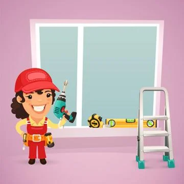 Female worker is installing the window Stock Illustration