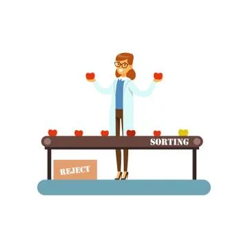 Female worker sorting fruit on conveyor line, juice production process stage Stock Illustration