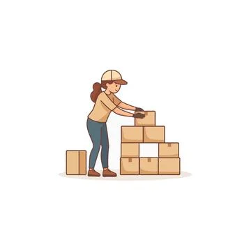 Female worker stacking cardboard boxes in a warehouse preparation for dispa.. Stock Illustration