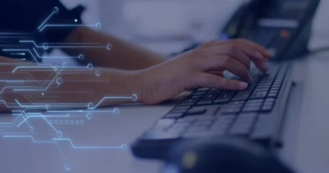 Female worker starting first key, entering data while circuit overlay animating Stock Footage 331197947