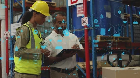 Female worker tapping tablet, manager writing in warehouse, HUD marking boxes, Stock Footage 333170152