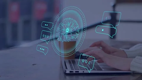 Female worker typing on laptop, activating hologram AI emblem requesting help Stock Footage 334768876