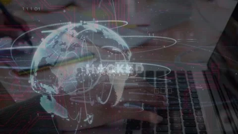 Female worker typing laptop while digital globe fading in with HACKED label, Stock Footage 333193162