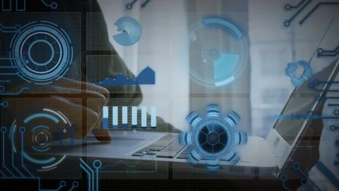 Female worker typing on laptop while initiating AR HUD, tech bar charts rising Stock Footage 334788499