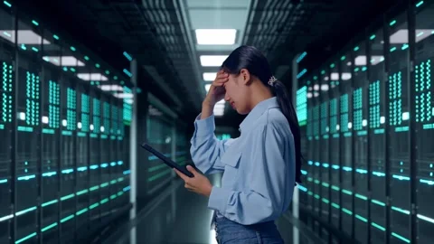 Female Worker Use Tablet And Headache On Her Shead In Data Center Stock Footage 321990553