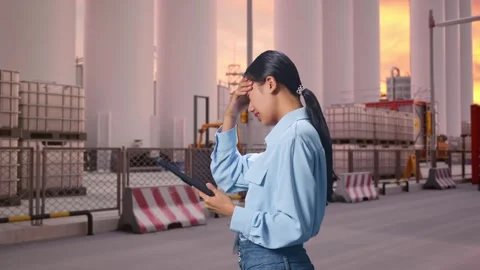 Female Worker Use Tablet And Headache On Her Shead at Storage Facility Stock Footage 337756076