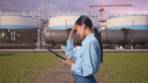 Female Worker Use Tablet And Headache On Her Shead at Oil Refinery Stock Footage 340139480