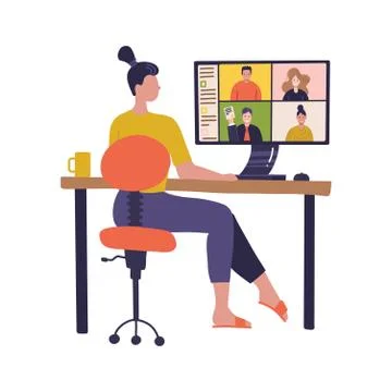 Female Worker using computer for collective virtual meeting, group video conf Stock Illustration
